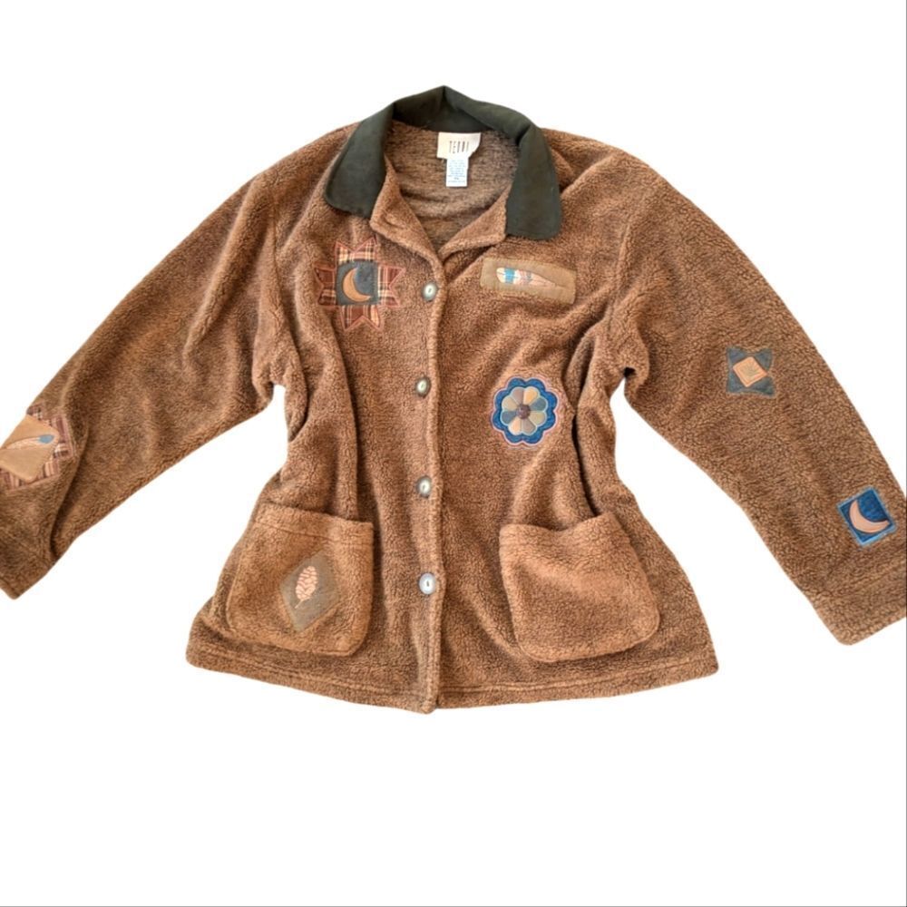 Women's Vintage teddy‎ bear nature celestial theme embroidered fleece jacket